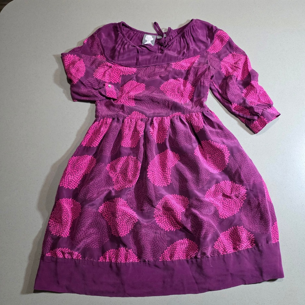 Girls from Savoy Womens Purple Pink Floral Silk Dress Size 2 Tie Neck 3/4 Sleeve